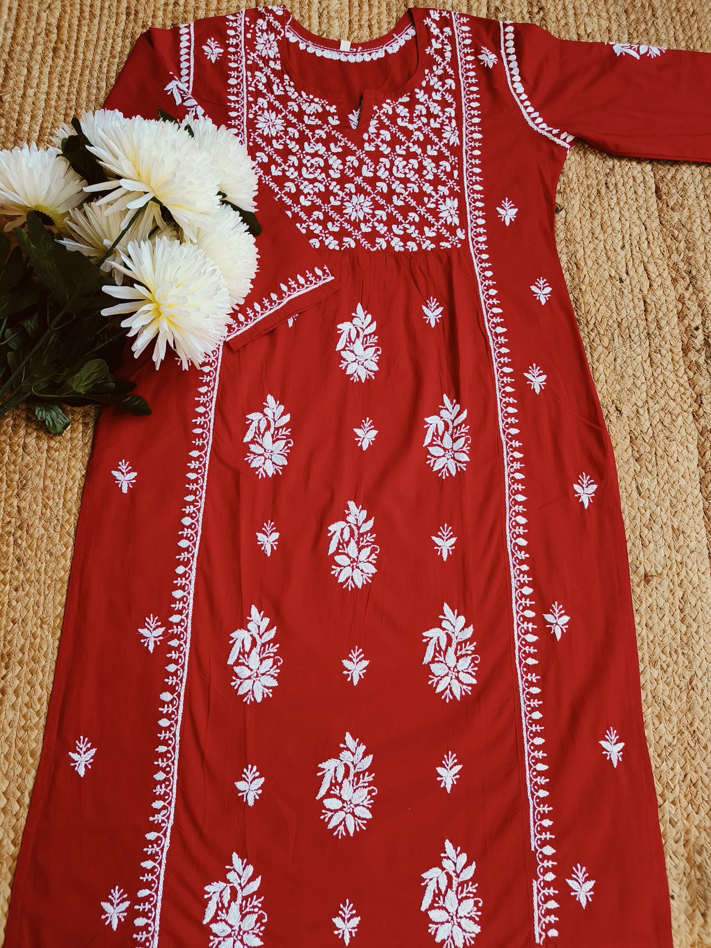 Red Cotton Chikankari kurta