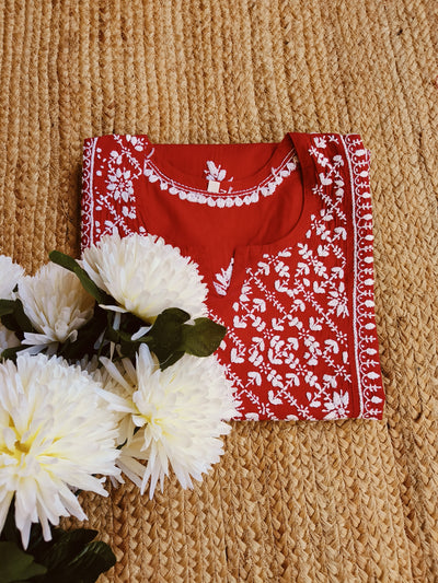 Red Cotton Chikankari kurta