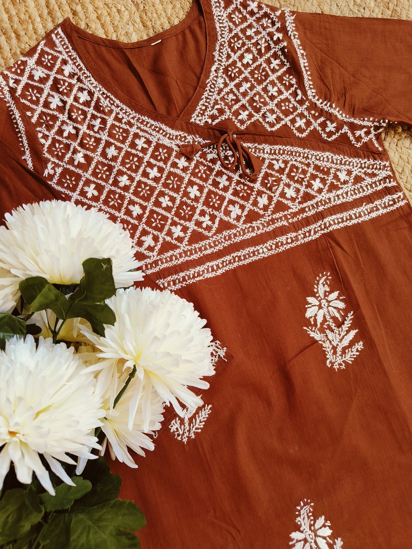 Rust Cotton Chikankari kurta