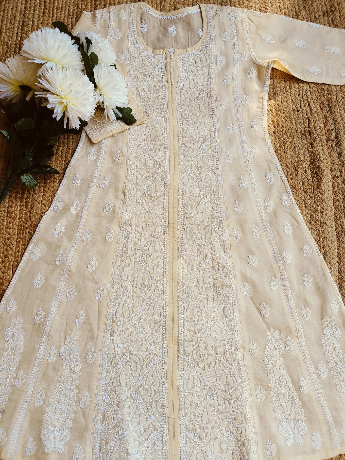 Beige Cotton Chikankari A-Line kurta