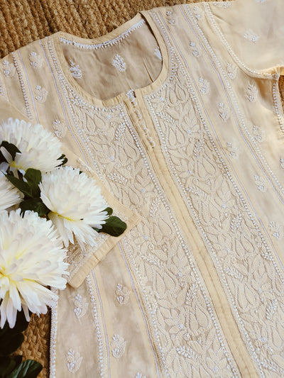 Beige Cotton Chikankari A-Line kurta