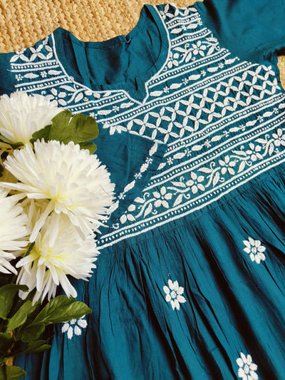 Peacock Blue Cotton Chikankari A-Line kurta