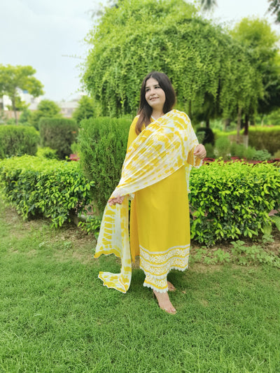 Yellow Rayon Chikankari Kurta Pant Set-Custom Made