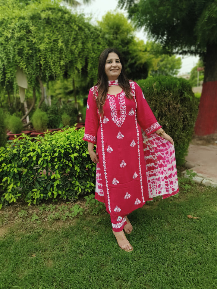 Rani Pink Rayon Chikankari Kurta with Pant Set-Custom Made