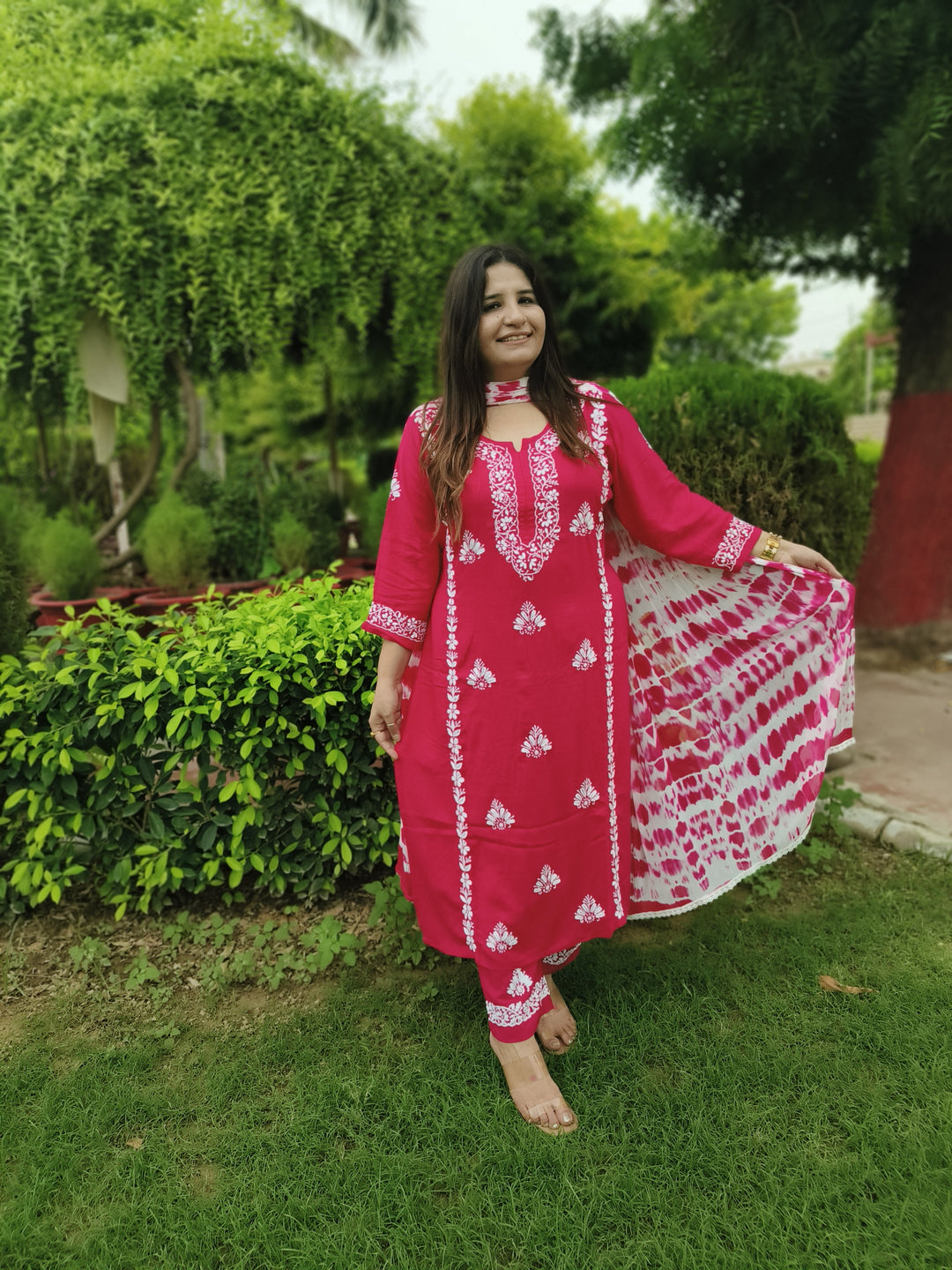 Rani Pink Rayon Chikankari Kurta with Pant Set-Custom Made