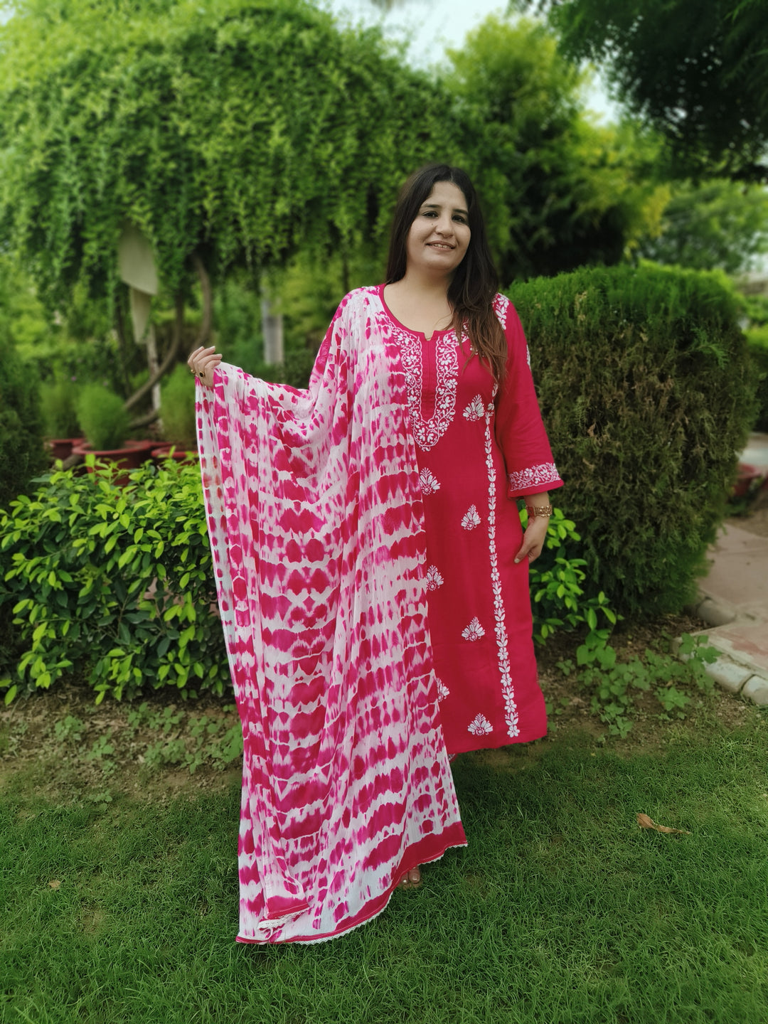 Rani Pink Rayon Chikankari Kurta with Pant Set-Custom Made