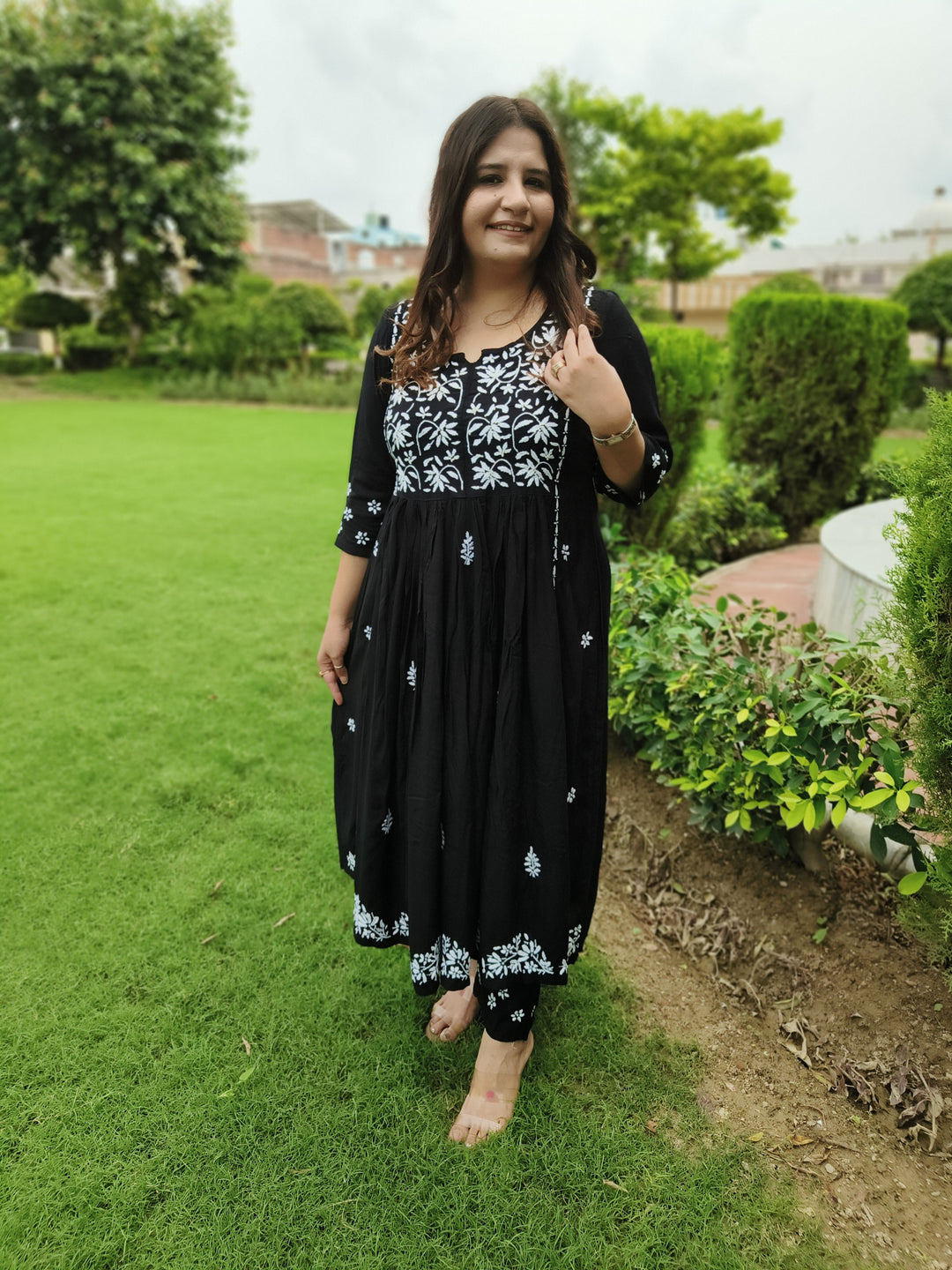 Black A-line Rayon Chikankari Kurta Pant Set