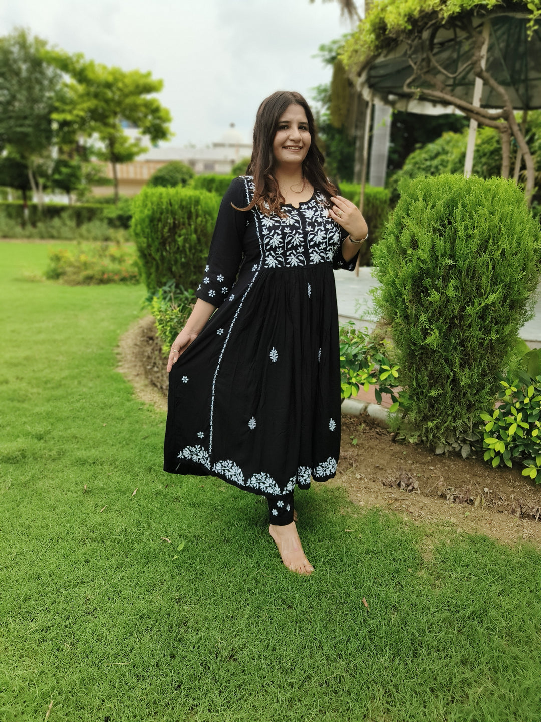 Black A-line Rayon Chikankari Kurta Pant Set