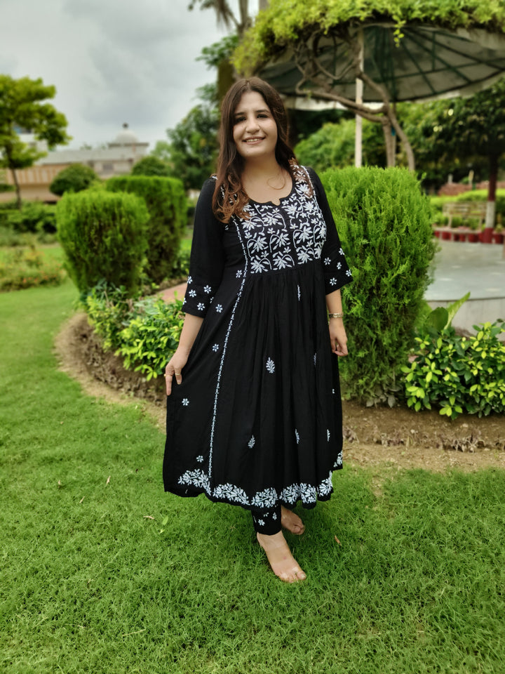 Black A-line Rayon Chikankari Kurta Pant Set