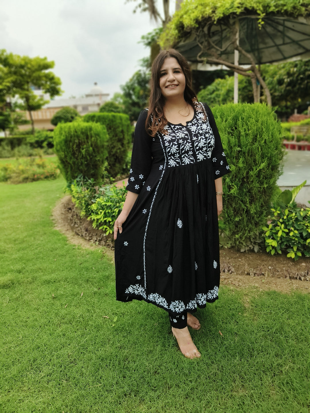 Black A-line Rayon Chikankari Kurta Pant Set