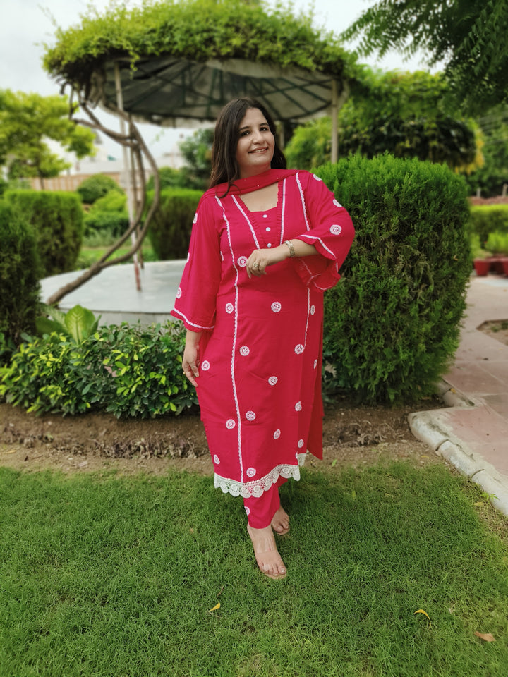 Rani Pink Rayon Chikankari Kurta With Pant Set