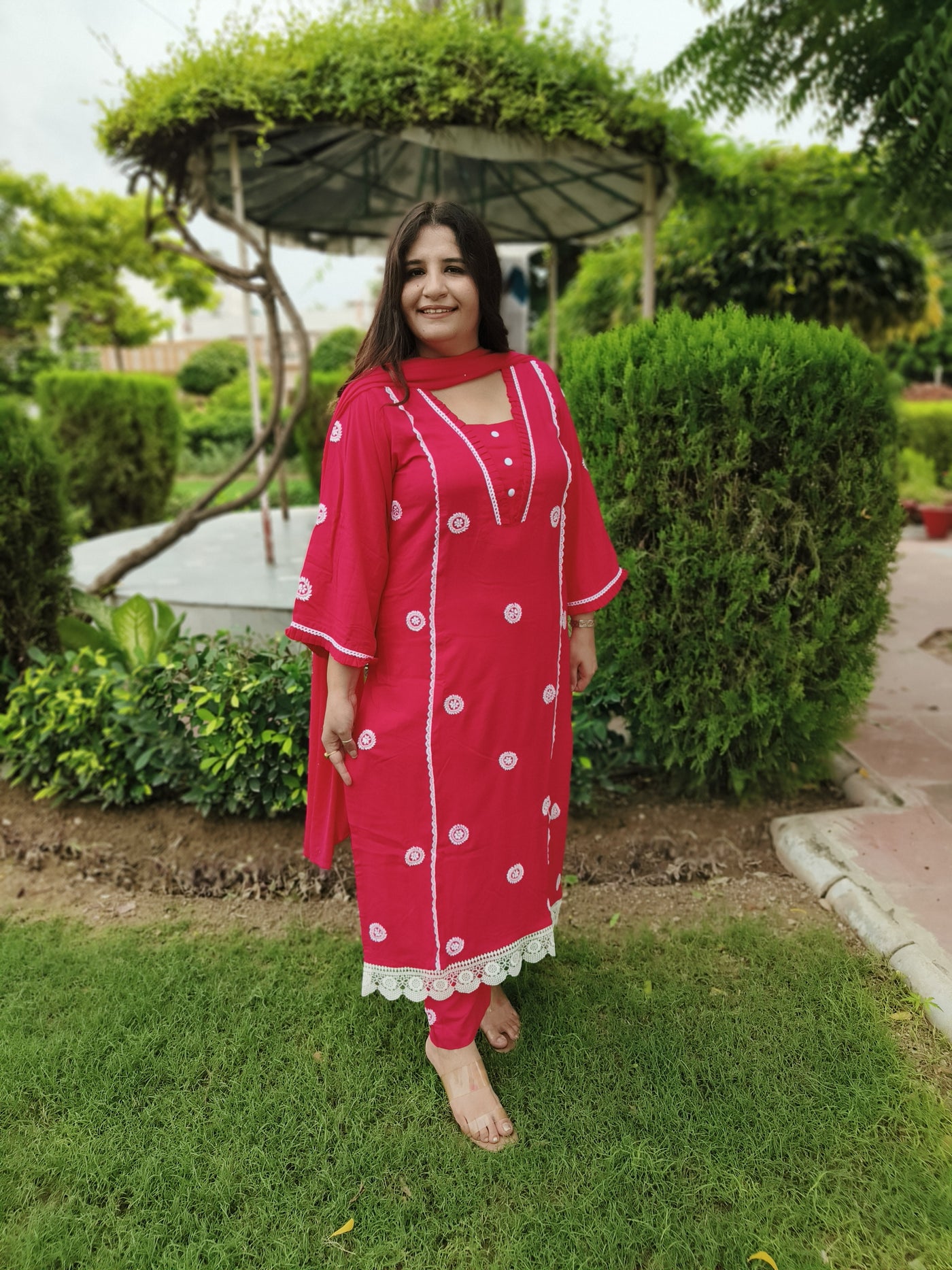 Rani Pink Rayon Chikankari Kurta Pant Set -Custom Made