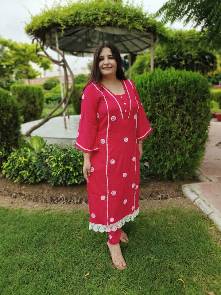 Rani Pink Rayon Chikankari Kurta With Pant Set