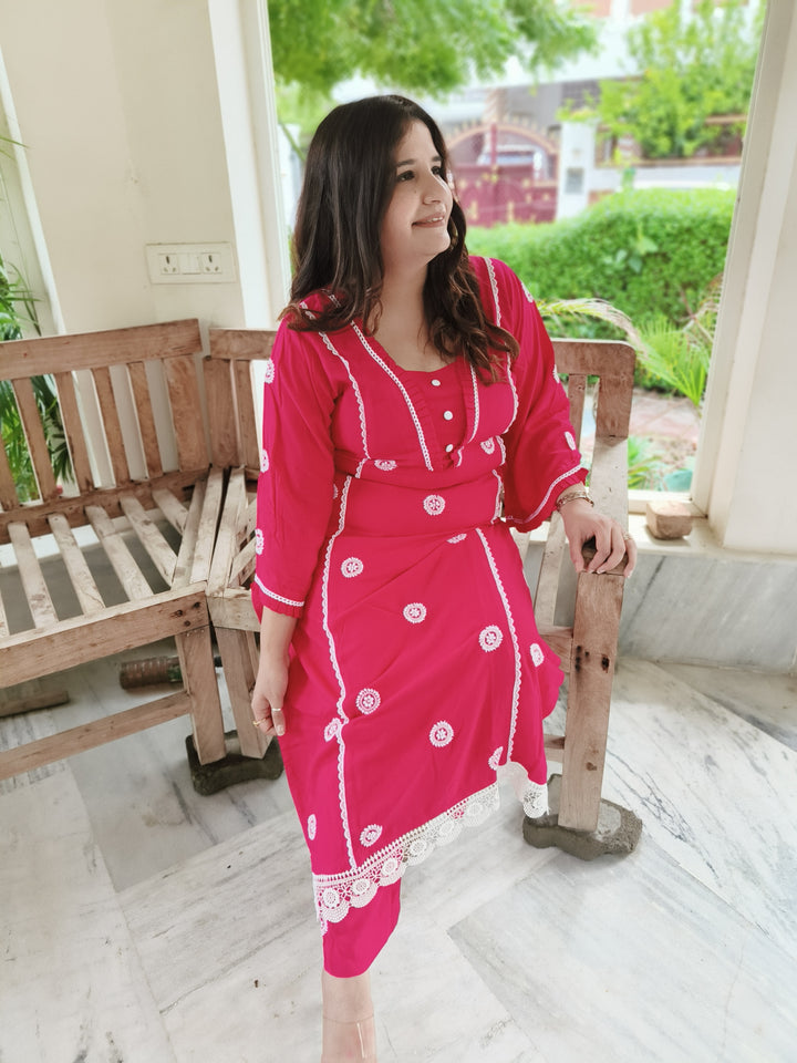 Rani Pink Rayon Chikankari Kurta With Pant Set