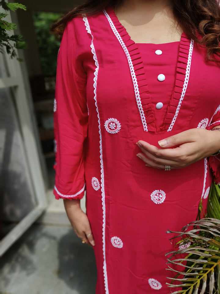 Rani Pink Rayon Chikankari Kurta With Pant Set