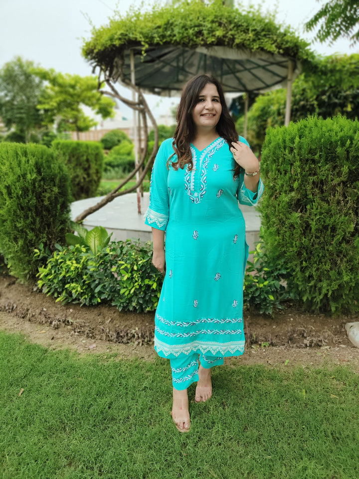 Sky Blue Rayon Chikankari Kurta Pant Set