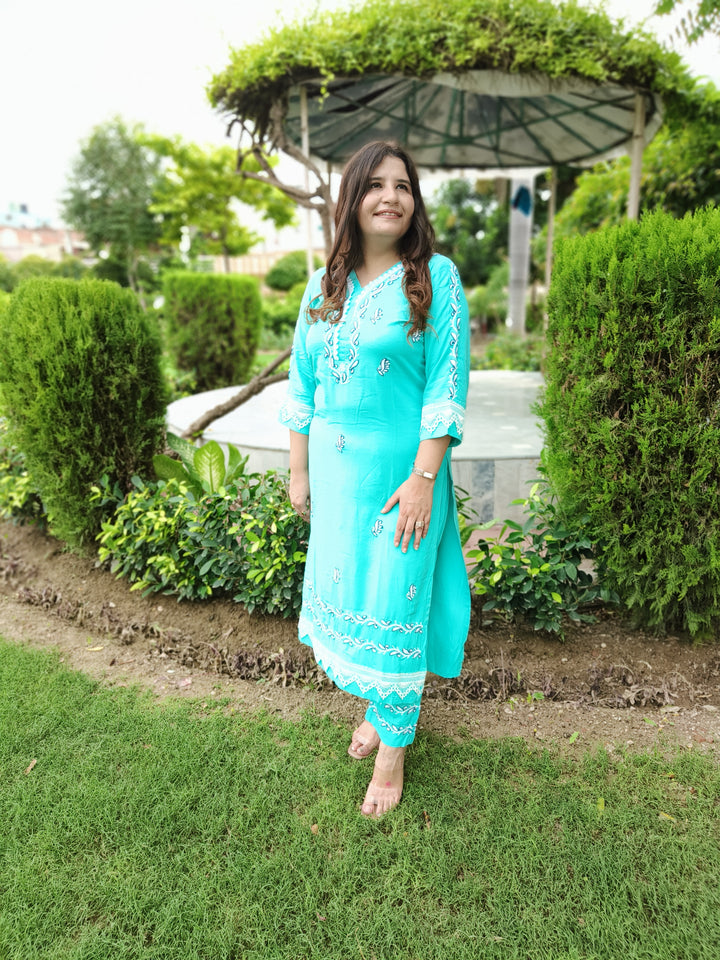 Sky Blue Rayon Chikankari Kurta Pant Set