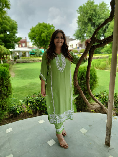 Pista Green Rayon Kurta Pant Set -Custom Made