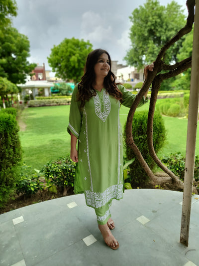 Pista Green Rayon Kurta Pant Set -Custom Made