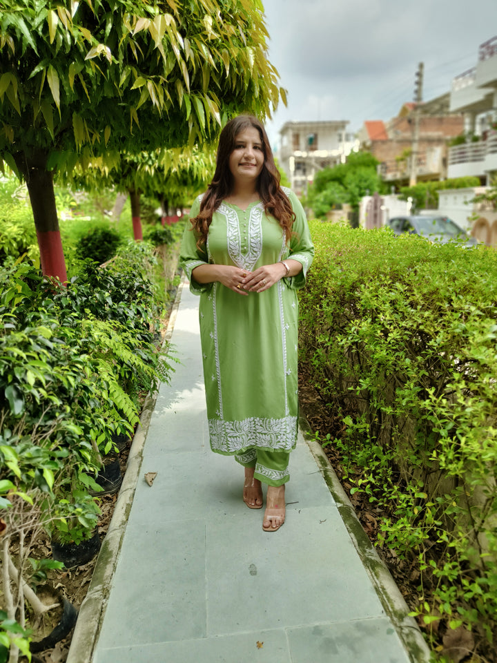 Pista Green Rayon Kurta Pant Set