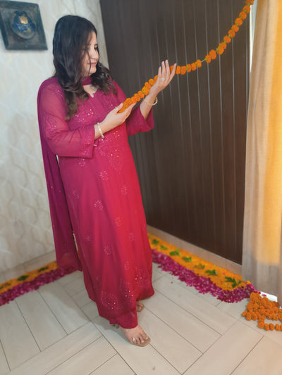 Maroon Pure  Georgette Chikankari Kurta