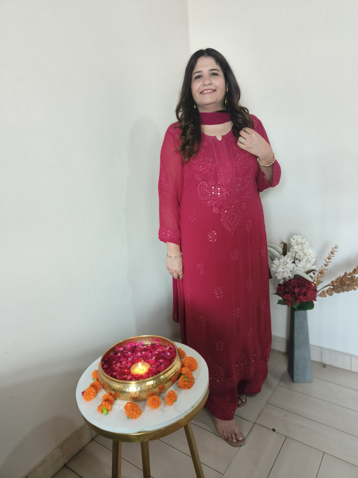 Maroon Pure  Georgette Chikankari Suit Set-Custom Made