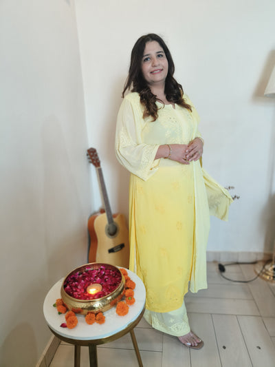 Yellow Ombre Georgette Chikankari Kurta