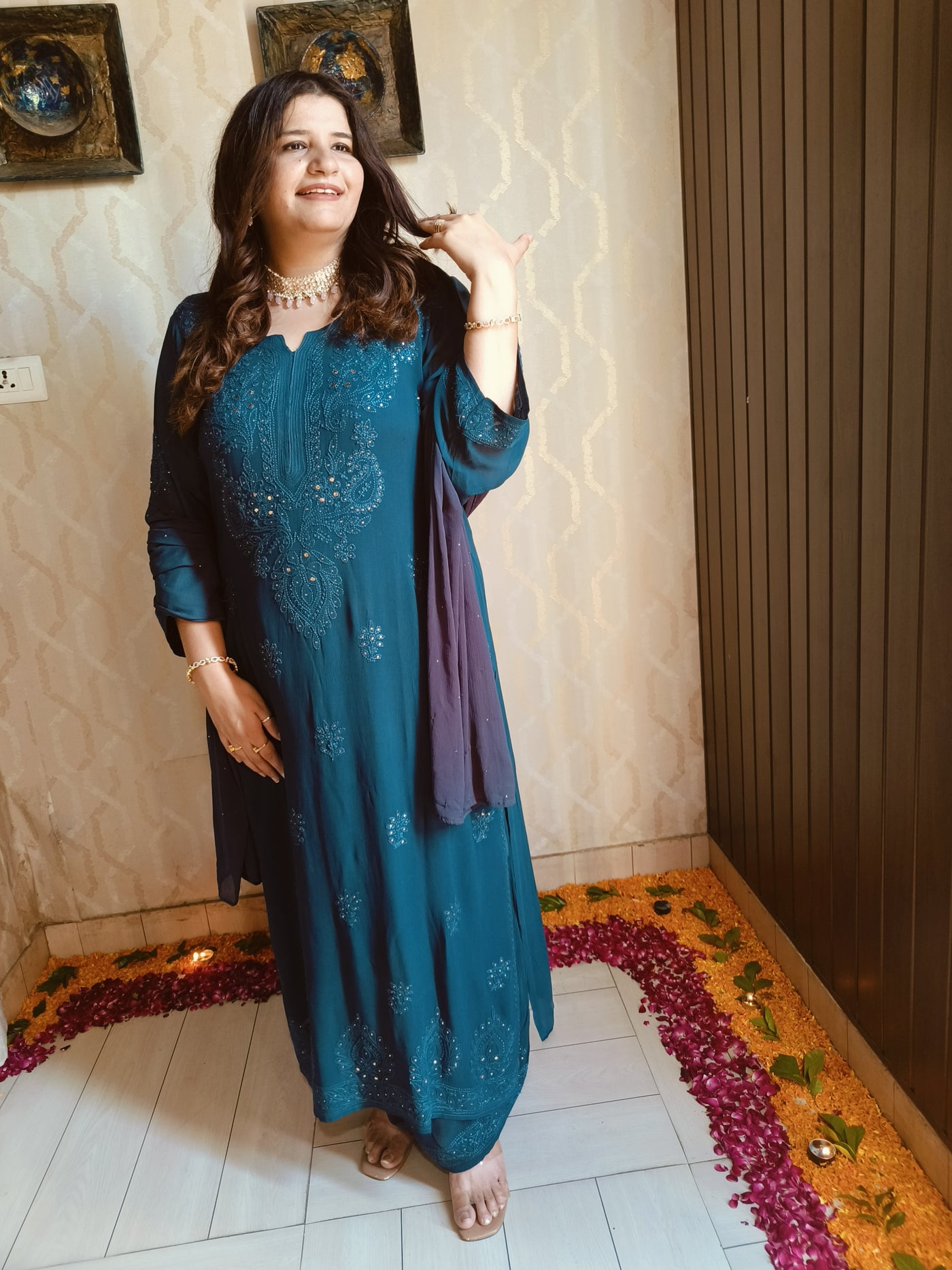 Teal Blue Pure Georgette Chikankari Suit Set -Custom Made