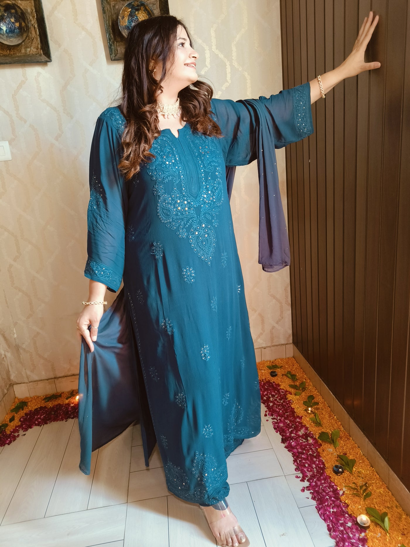 Teal Blue Pure Georgette Chikankari Suit Set -Custom Made