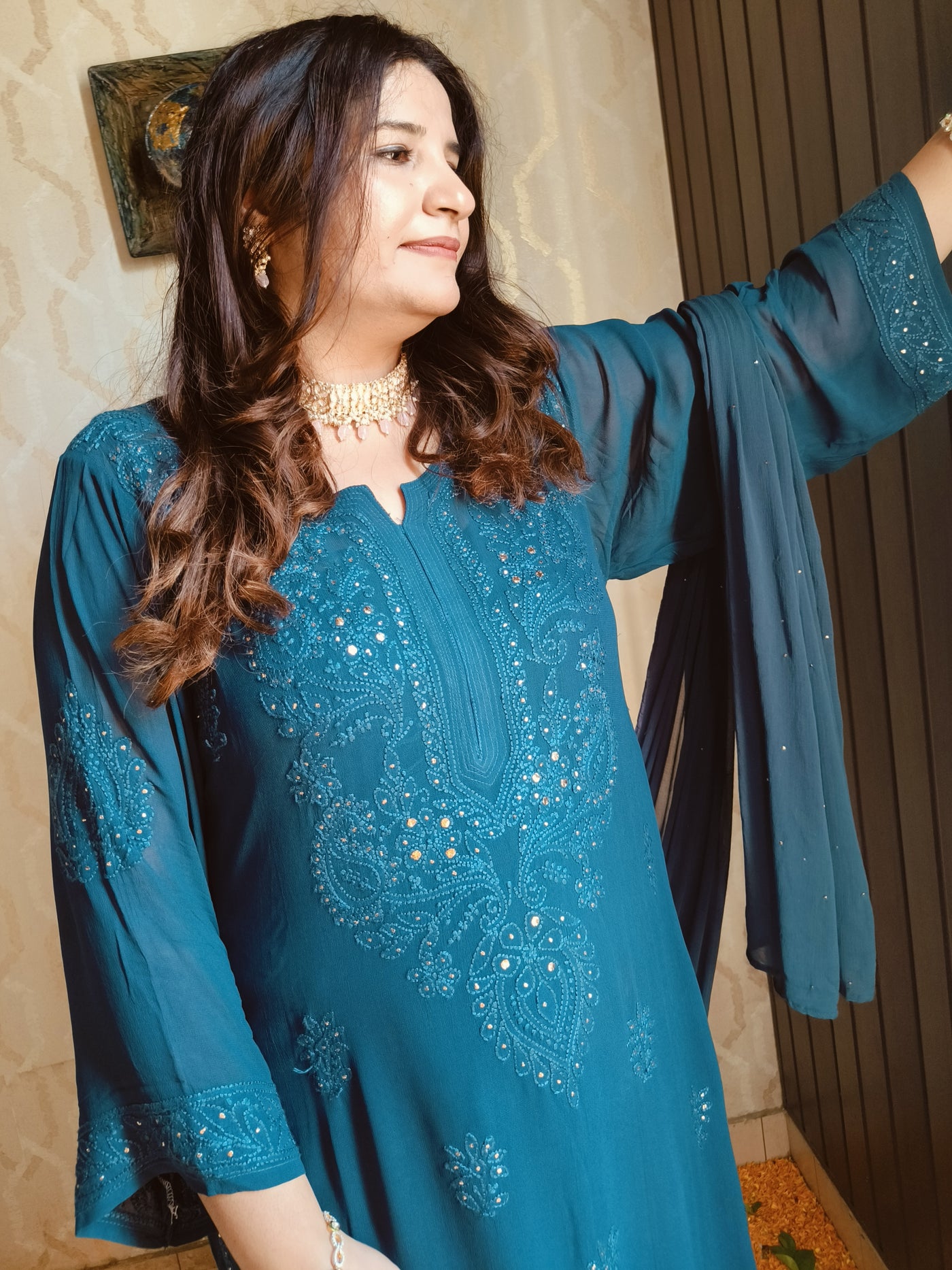 Teal Blue Pure Georgette Chikankari Suit Set -Custom Made