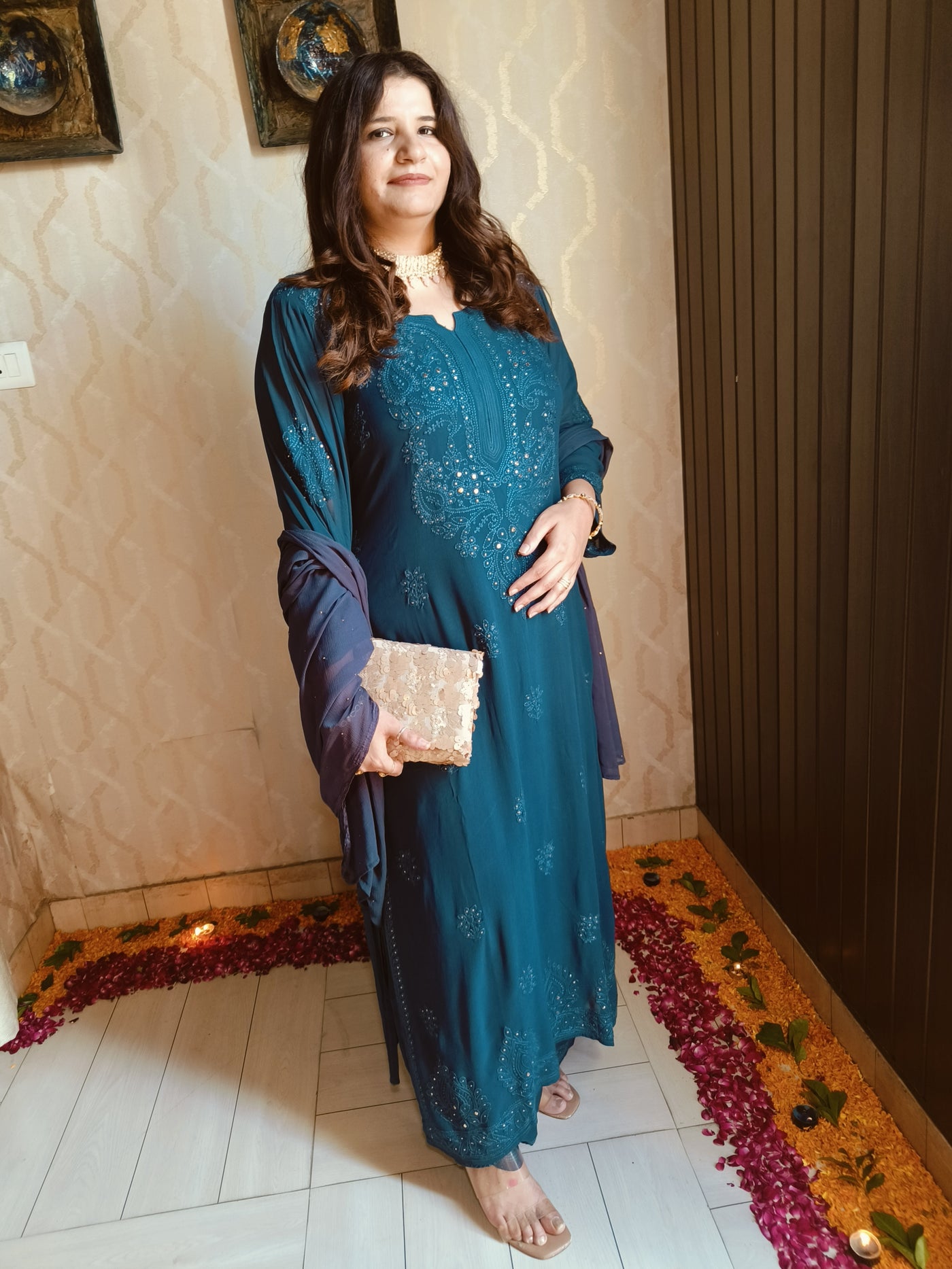 Teal Blue Pure Georgette Chikankari Suit Set -Custom Made