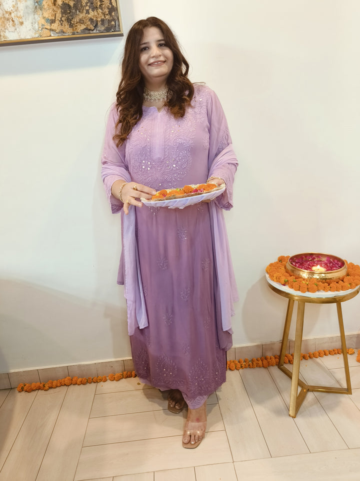 Mauve Ombre Pure Georgette Chikankari Suit Set -Custom Made