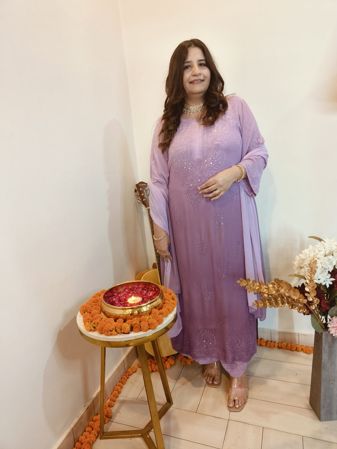 Mauve Ombre Pure Georgette Chikankari Suit Set -Custom Made