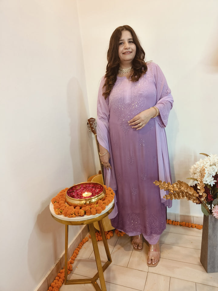 Mauve Ombre Pure Georgette Chikankari Suit Set -Custom Made