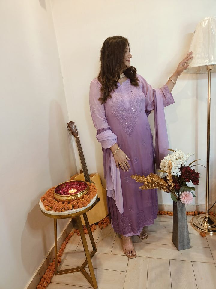 Mauve Ombre Pure Georgette Chikankari Suit Set -Custom Made