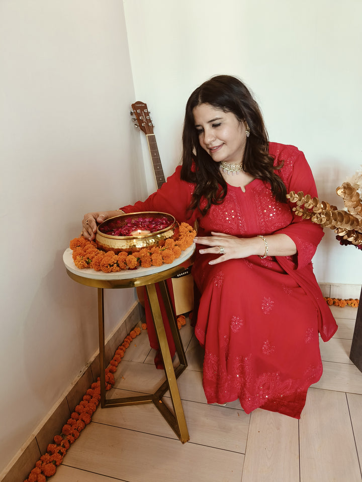 Red Pure Georgette Chikankari Suit Set -Custom Made