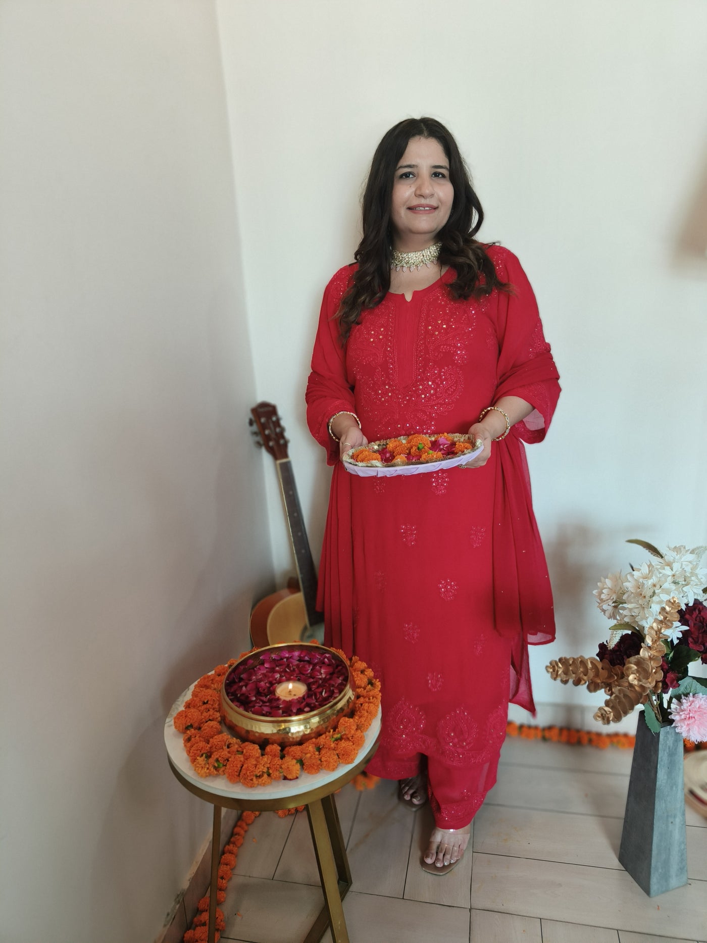 Red Pure Georgette Chikankari Suit Set -Custom Made