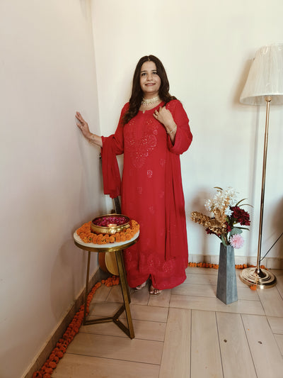 Red Pure Georgette Chikankari Suit Set -Custom Made