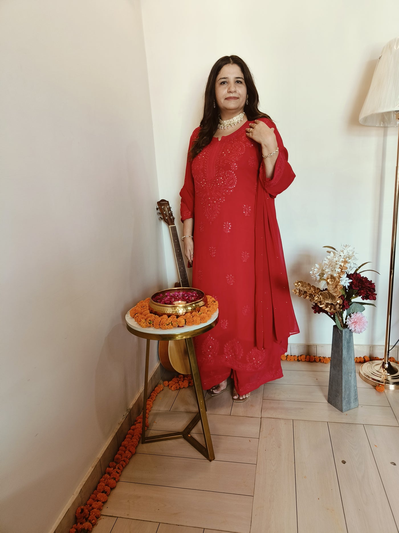 Red Pure Georgette Chikankari Suit Set -Custom Made