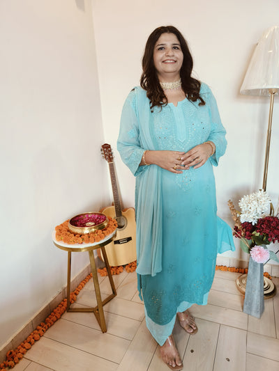 Sea Green Ombre Pure Georgette Chikankari Suit Set-Custom Made