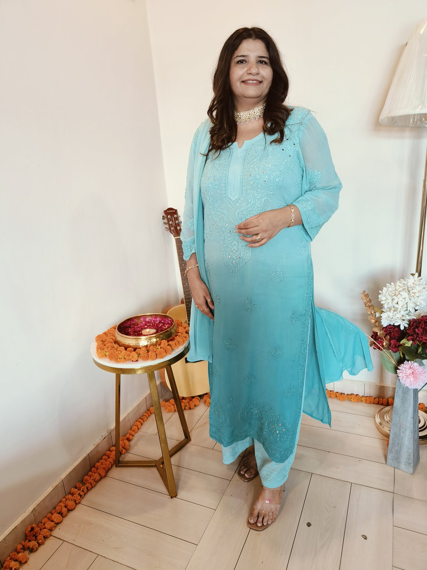 Sea Green Ombre Pure Georgette Chikankari Suit Set-Custom Made