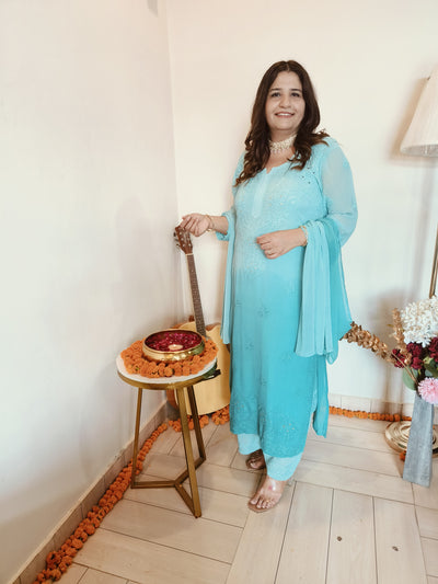 Sea Green Ombre Pure Georgette Chikankari Suit Set-Custom Made