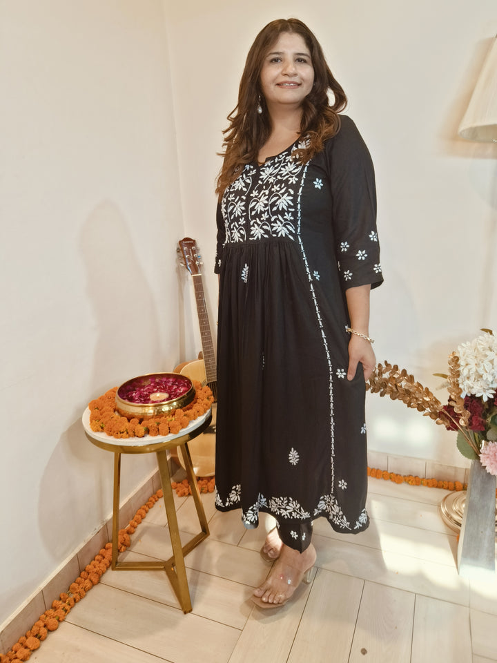 Black A-line Rayon Chikankari Kurta Pant Set