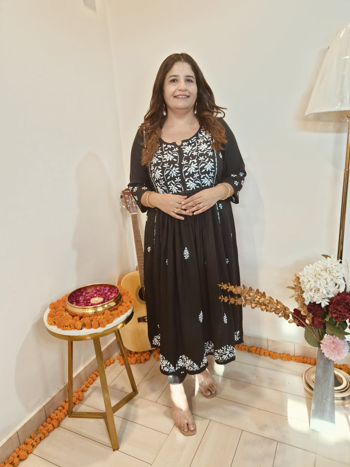 Black A-line Rayon Chikankari Kurta Pant Set