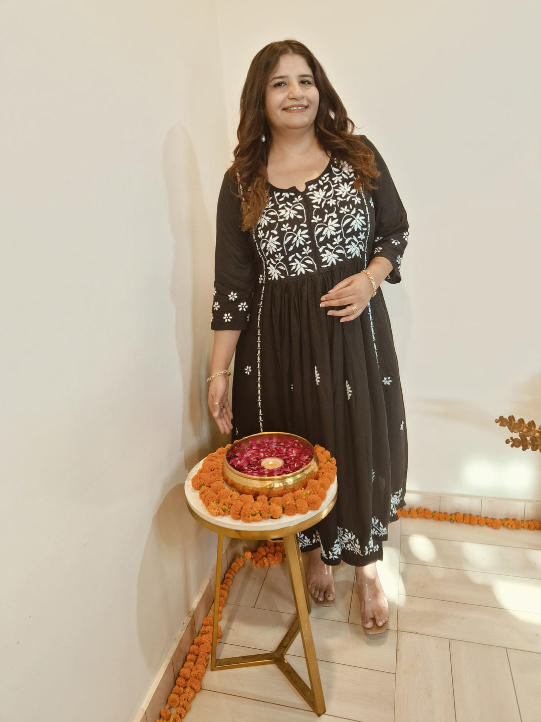 Black A-line Rayon Chikankari Kurta Pant Set