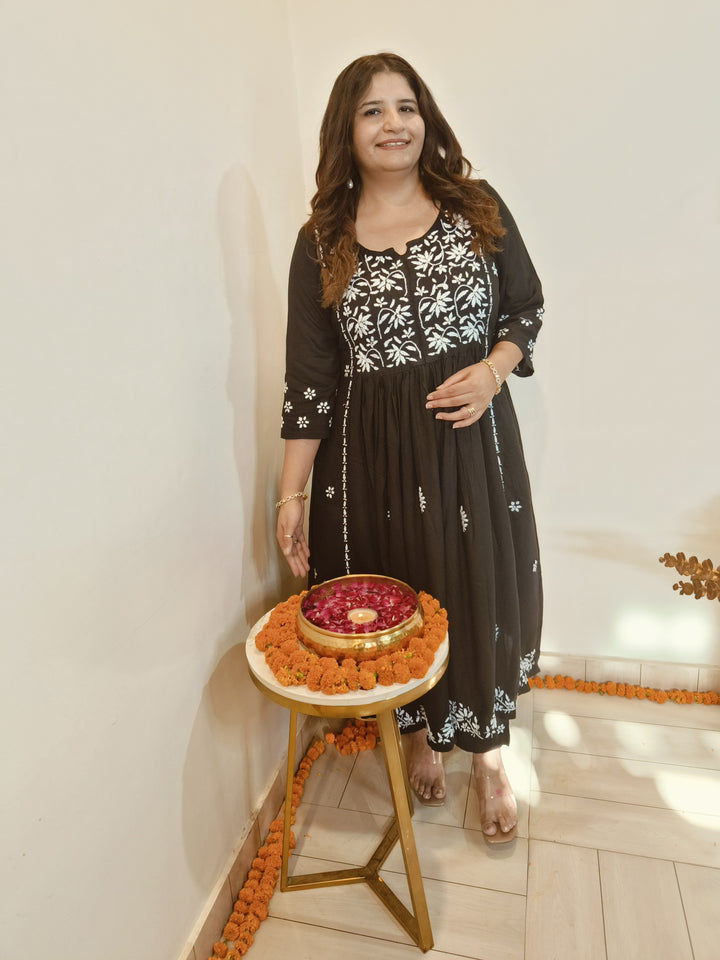 Black A-line Rayon Chikankari Kurta Pant Set