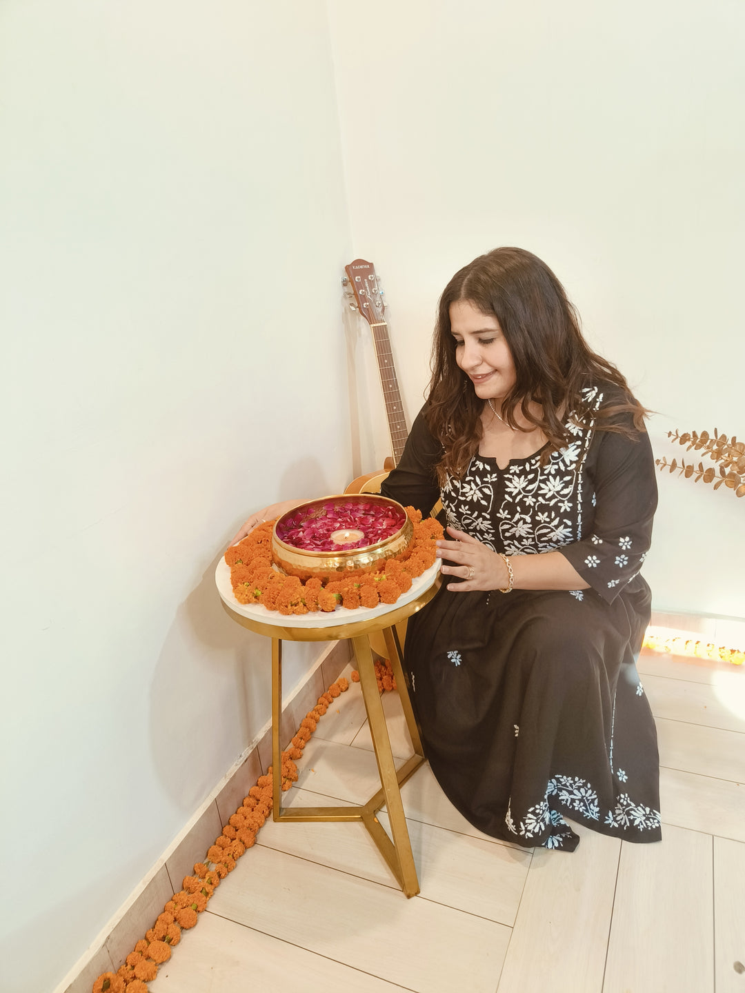 Black A-line Rayon Chikankari Kurta Pant Set