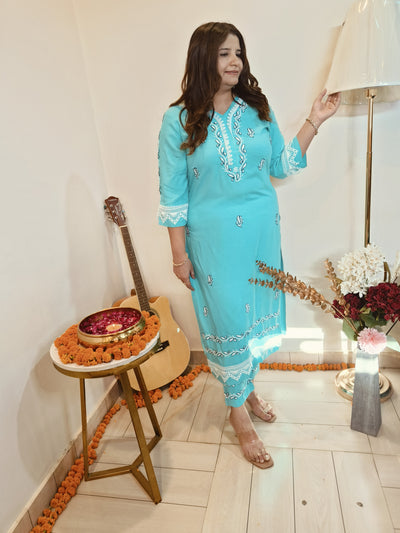 Sky Blue Rayon Chikankari Kurta Pant Set