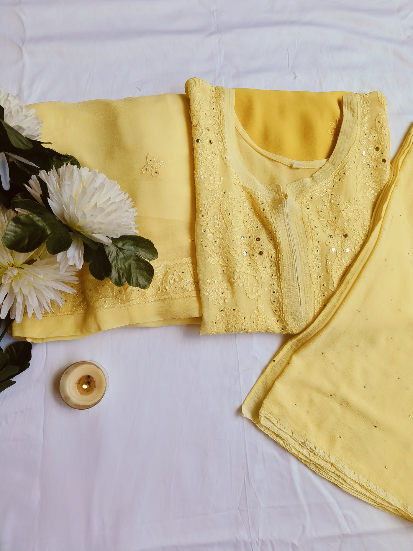 Yellow Ombre Georgette Chikankari Suit Set-Custom Made