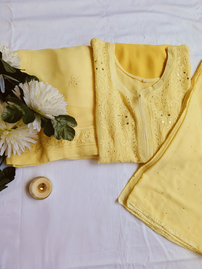 Yellow Ombre Georgette Chikankari Suit Set-Custom Made